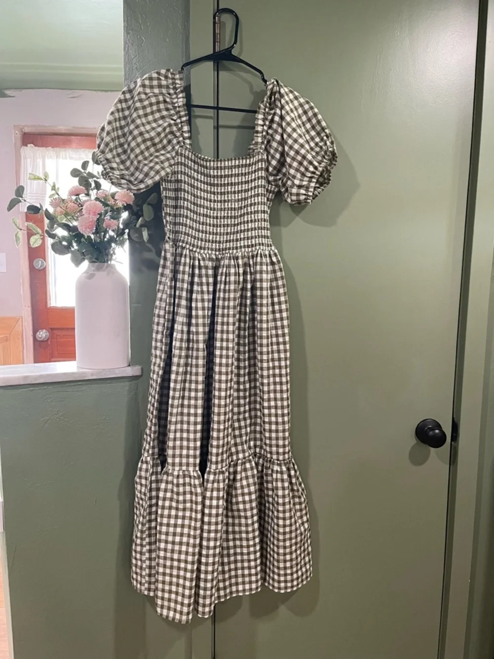 Gingham Smocked Midi Dress in Olive Green - Bump Friendly - Picture 5 of 8